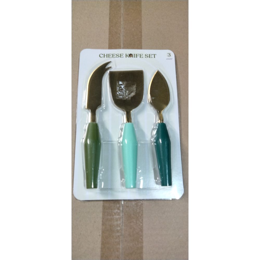 Stainless Steel Cheese Knife Set 3 Pc Green Tone Handles