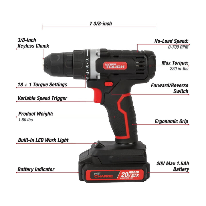Hyper Tough 20V Max 1.5AH 70-Piece Project Kit with Cordless Drill  Battery & Charger