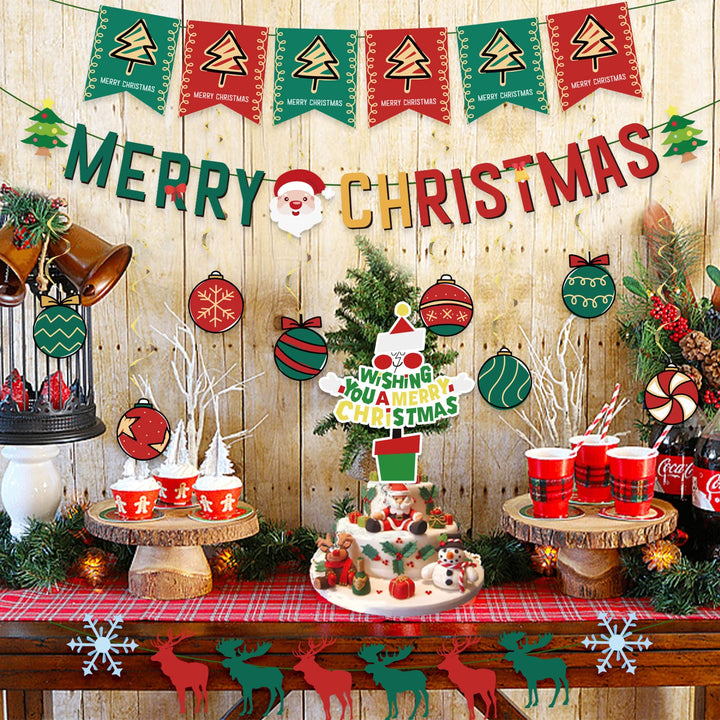 Chilfamy Christmas Decorations, Red Green Merry Christmas Party Banners, Reindeer Snow Garland Banner, Candy Foil Hanging Swirl Decors, Cake Topper for Ugly Sweater X-mas Holiday Home Party Supplies