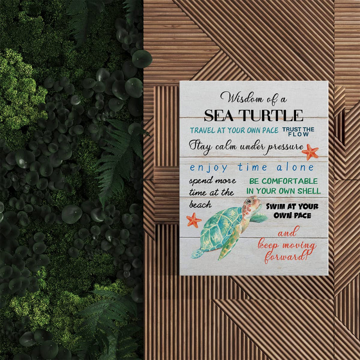 Inspirational Beach Canvas Wall Art Decor Wisdom of a Sea Turtle Poster Painting Framed Rustic Coastal Print Signs Picture for Home Room Decor 12 X 15 inch