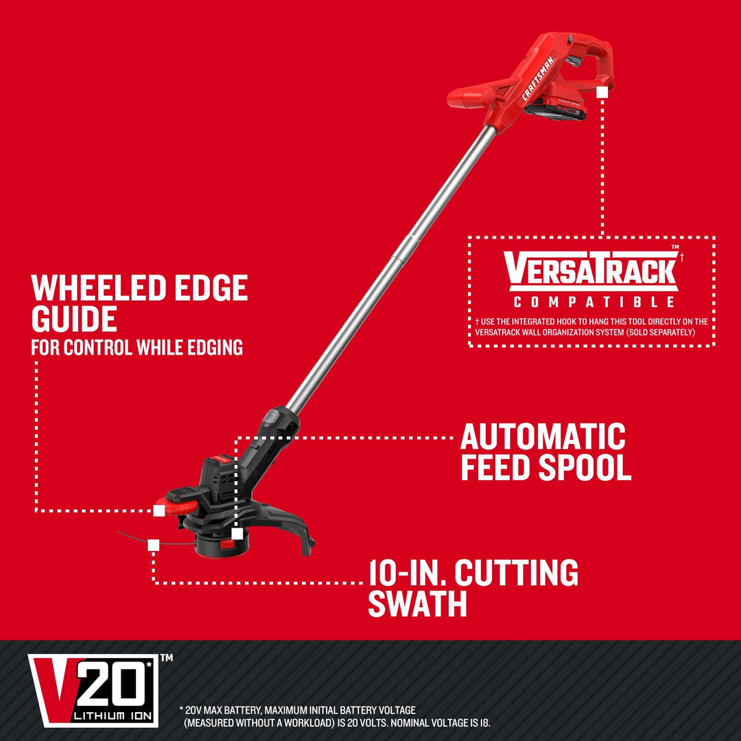 CRAFTSMAN V20 Cordless 10 in. WEEDWACKER String Trimmer and Edger Kit with 2.0 Ah Battery and Charger (CMCST915D1)