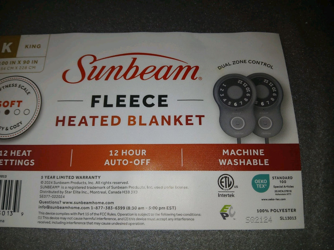 Sunbeam 100" X 90" Size KING Fleece Heated Blanket #13017 Gray BRAND NEW