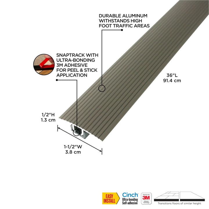 M-D Building Products 43322 1-1/2 in. X 36 in. Satin Nickel Aluminum CinchÂ® T-Molding Fluted w/Snaptrack