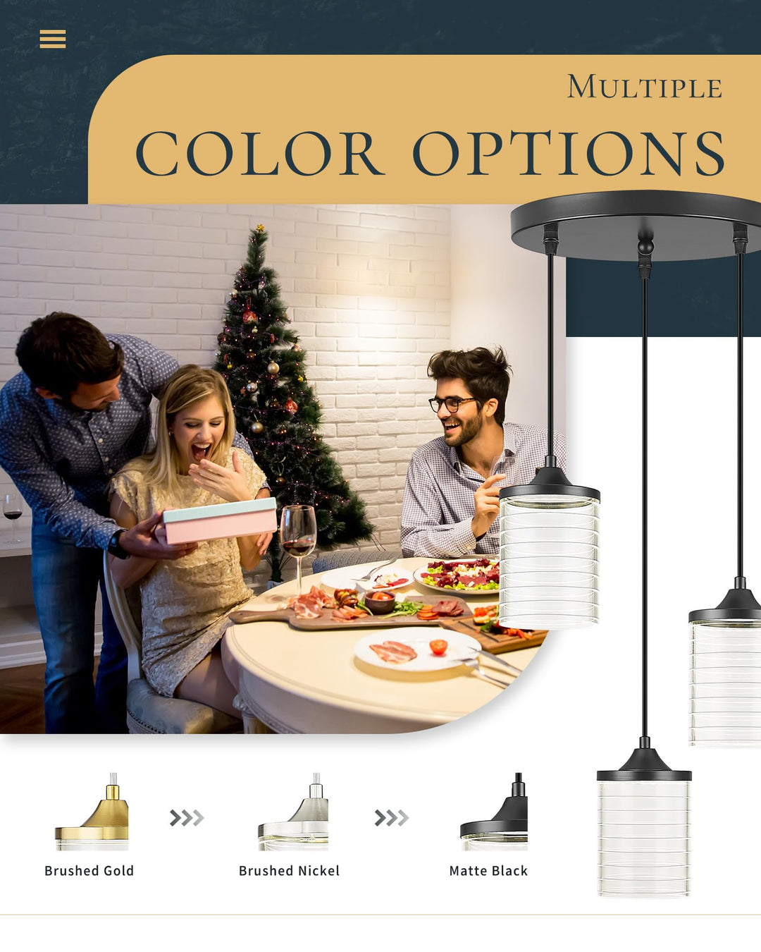 JAZAVA 3-Light Black Pendant Light Fixtures, Modern LED Hanging Light, 24W 3000/4500/6000K Kitchen Island Light for Dining Room Bedroom Hallway Entrance, PL106BK Retail $99.00