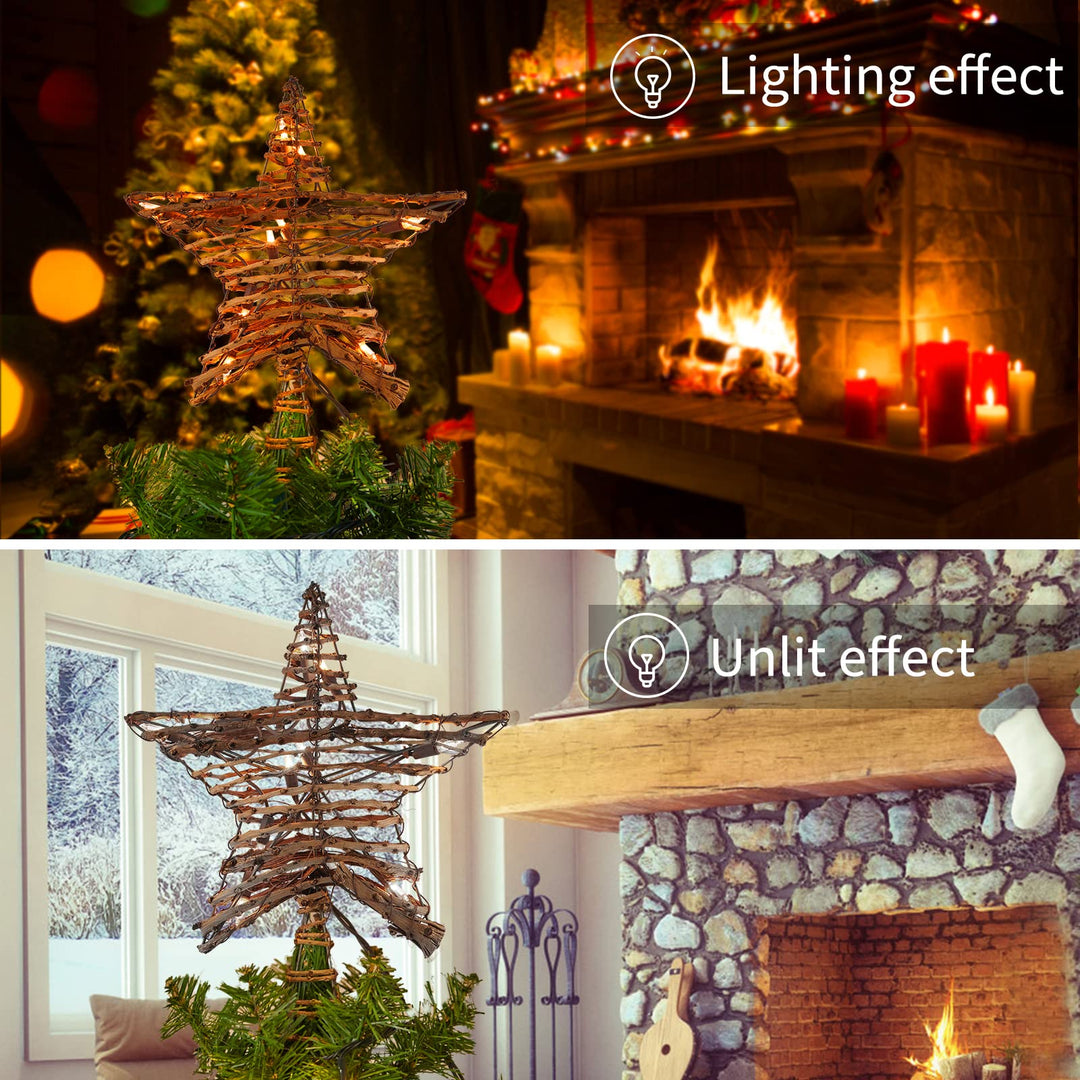 Christmas Star Tree Topper, Plug in 12" 3D Tree Star Topper, Rustic Rattan Natural Built-in 10-Bulb String Lights for Vintage Classic Christmas Decorations New Year Holiday Home Office Indoor