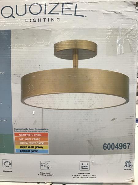 Quoizel Lighting Rawlins LED Semi-Flush Mount, Gold Finish, White Painted Tempered Glass, Customizable Color Temperature Retail $150.00