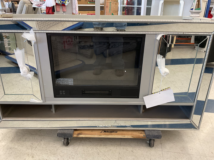 CLEARANCE - Mirrored Fireplace TV Stand, Mirrored Finish, Shelving, Modern Design, DAMAGED ON THE MIRROR IN THE FRONT