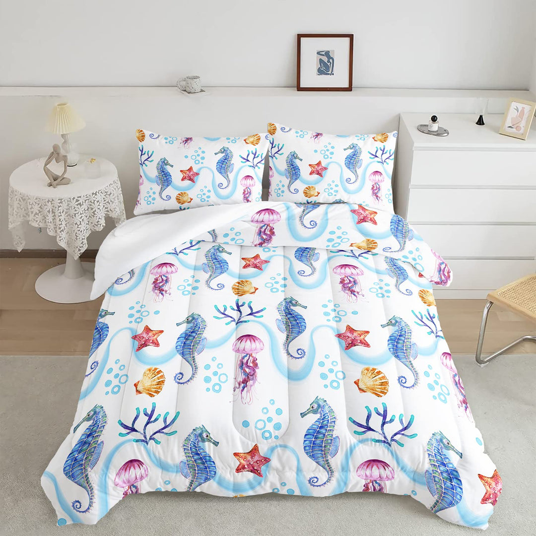 CVHOUSE Hippocampus Bedding Set - Queen Size, Ocean Decor, 3 Pieces