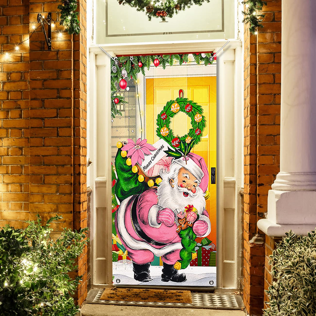 Chinthie Merry Christmas Decorations Pink Santa Claus Door Cover Backdrop Funny Xmas Hanging Banner Christmas Eve Porch Sign Photo Booth Prop for Year Indoor Outside Front Door Party Supplies