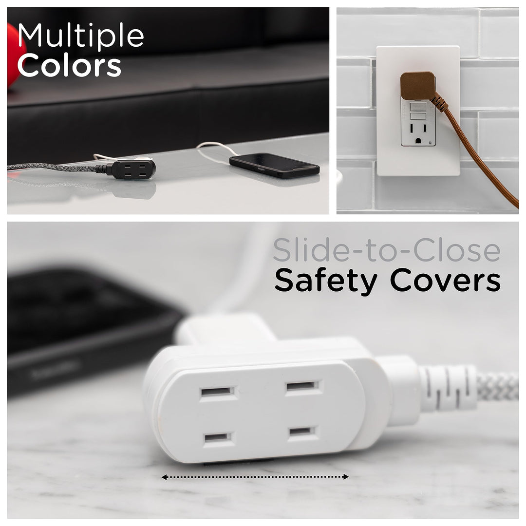 Cordinate Extension Cord, 8 Ft, 3-Outlet Flat Plug Extension Cord, Braided Extension Cord with Multiple Outlets, 2 Prong Extension Cord, Safety Slide 125V Long Extension Cord, 1 Pack, White, 39980