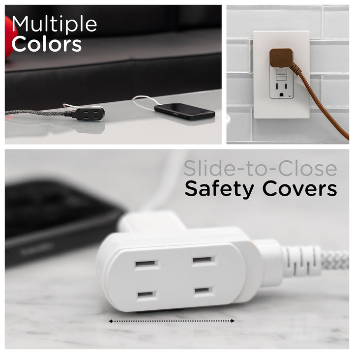 Cordinate Extension Cord, 8 Ft, 3-Outlet Flat Plug Extension Cord, Braided Extension Cord with Multiple Outlets, 2 Prong Extension Cord, Safety Slide 125V Long Extension Cord, 1 Pack, White, 39980