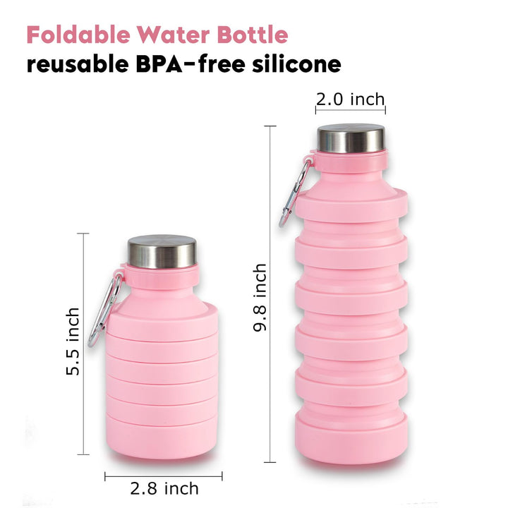 Giraffe Creation Collapsible Water Bottle, Reusable BPA Free Silicone, Leak Proof Foldable Water Bottle for Travel Camping Hiking, Pink