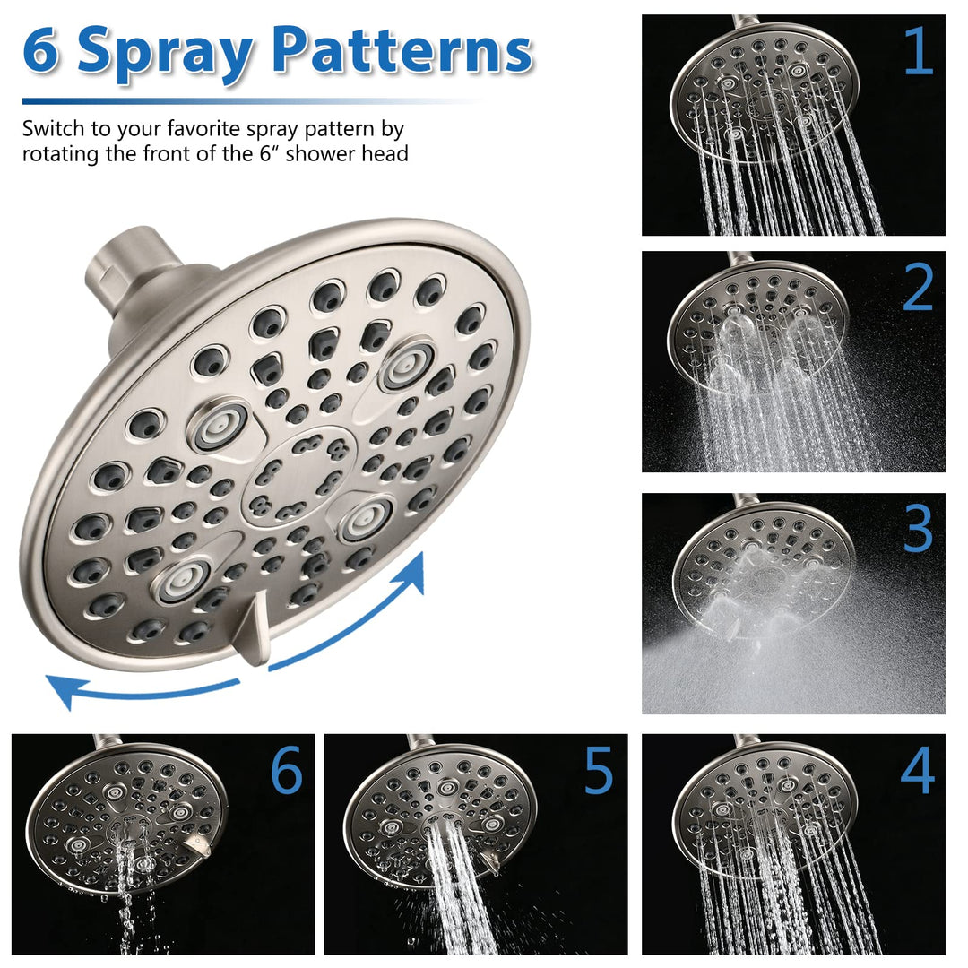 Proox Double Shower Head with Built-in Valve, High Pressure 6 Setting Dual Shower Head Design for Couple on Walk-in Bathroom or Single on Bathtub Bathroom - Brushed Nickel