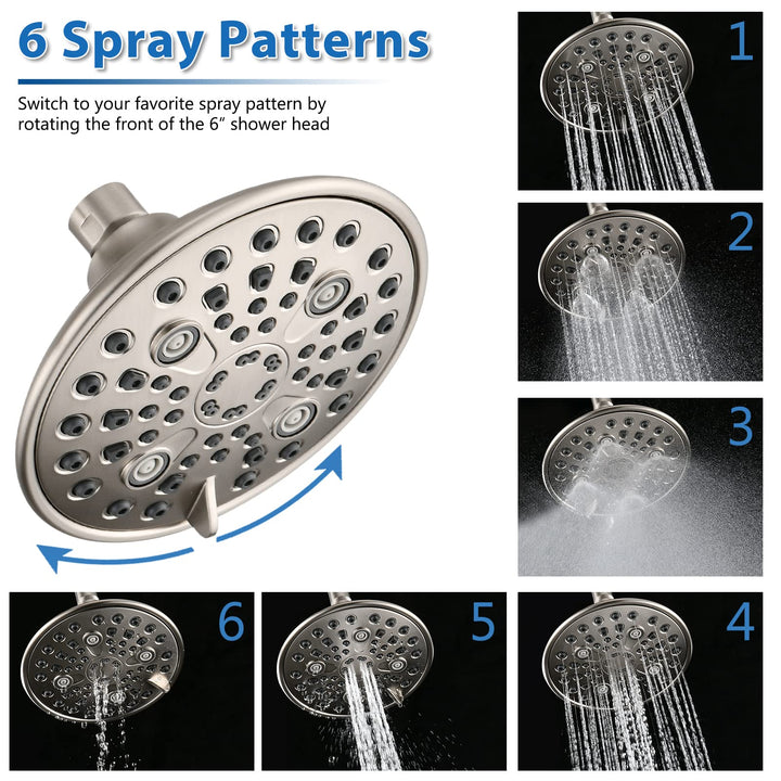 Proox Double Shower Head with Built-in Valve, High Pressure 6 Setting Dual Shower Head Design for Couple on Walk-in Bathroom or Single on Bathtub Bathroom - Brushed Nickel