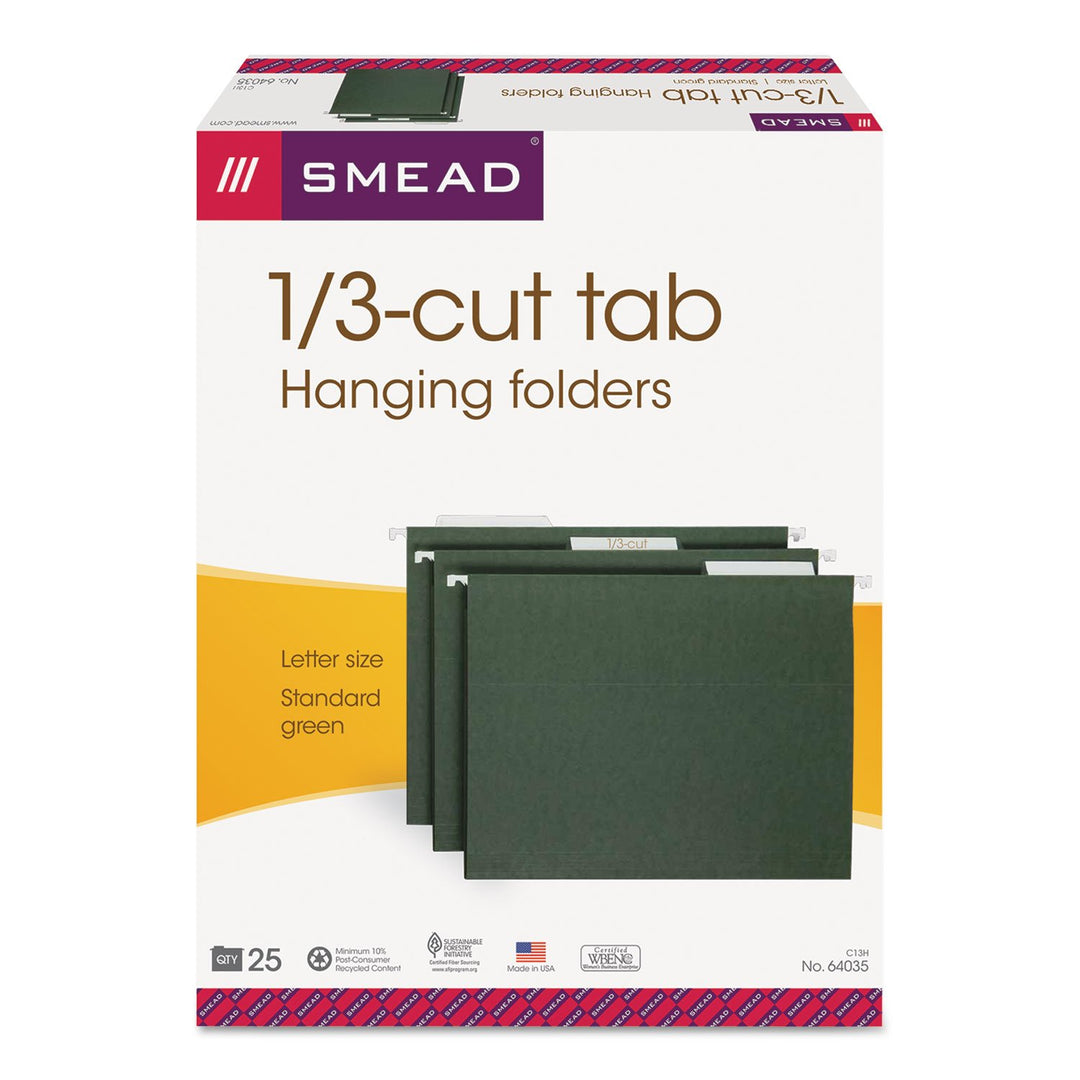 Smead Hanging File Folder with Tab, 1/3-Cut Adjustable Tab, Letter Size, Standard Green, 25 per Box (64035)