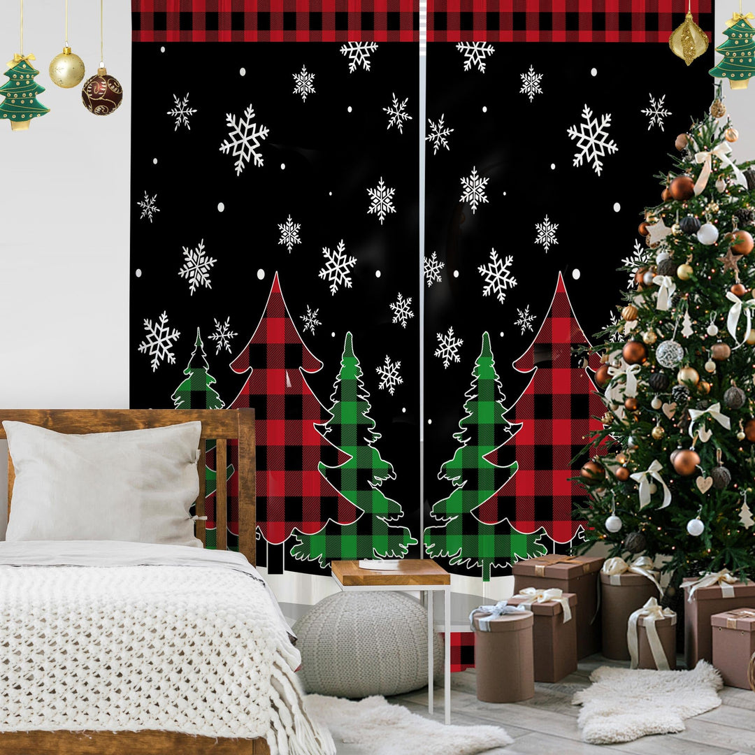 Christmas Living Room Curtains, Christmas Decorations Sheer Curtains 63 inch Length 2 Panels Set, Buffalo Plaid Christmas Tree Decor Bedroom Curtain Window Drapes Light Filtering Valance 52x63