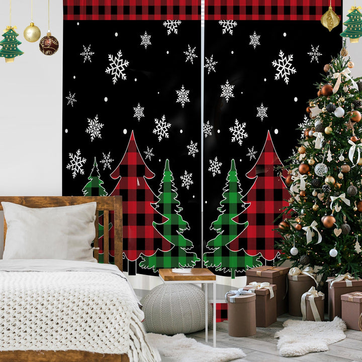 Christmas Living Room Curtains, Christmas Decorations Sheer Curtains 63 inch Length 2 Panels Set, Buffalo Plaid Christmas Tree Decor Bedroom Curtain Window Drapes Light Filtering Valance 52x63