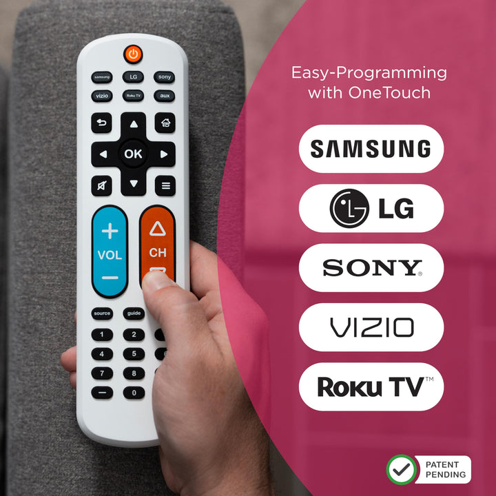 GE BigEZ OneTouch Big Button Universal TV Remote for Seniors, Easy to Use, Replacement Remote for Samsung, LG, Sony, Vizio, Roku TV, Streaming Players, Backlit Buttons, 2 Device, White, 84666
