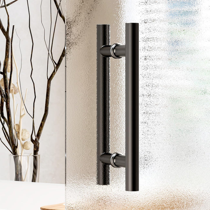 12" Round Black Push Pull Door Handle,Double Sided H Shape Sliding Door Handle,Matte Black,Stainless Steel,Fit for Glass Door Wooden Door 2 Pack