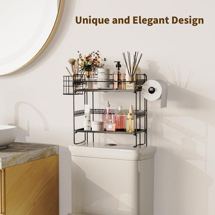 Iirios Over The Toilet Storage, Upgrade 2-Tier Folding Bathroom Organizer Shelves, Metal Multifunctional Toilet Rack with Basket and Paper Holder, No Assembly, No Drilling Space Saver (Black)