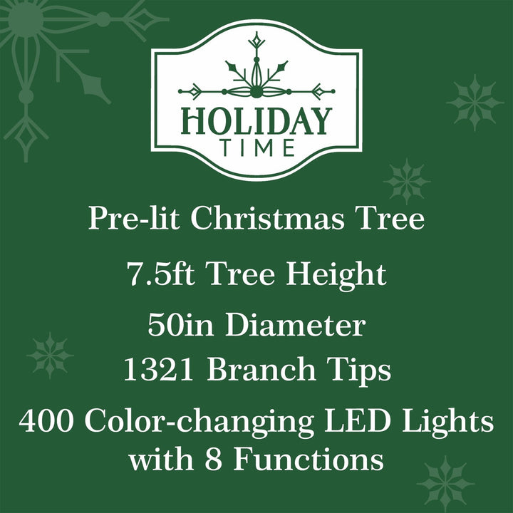 Holiday Time 7.5 Ft Pre-Lit Amherst Spruce Green Artificial Christmas Tree, 400