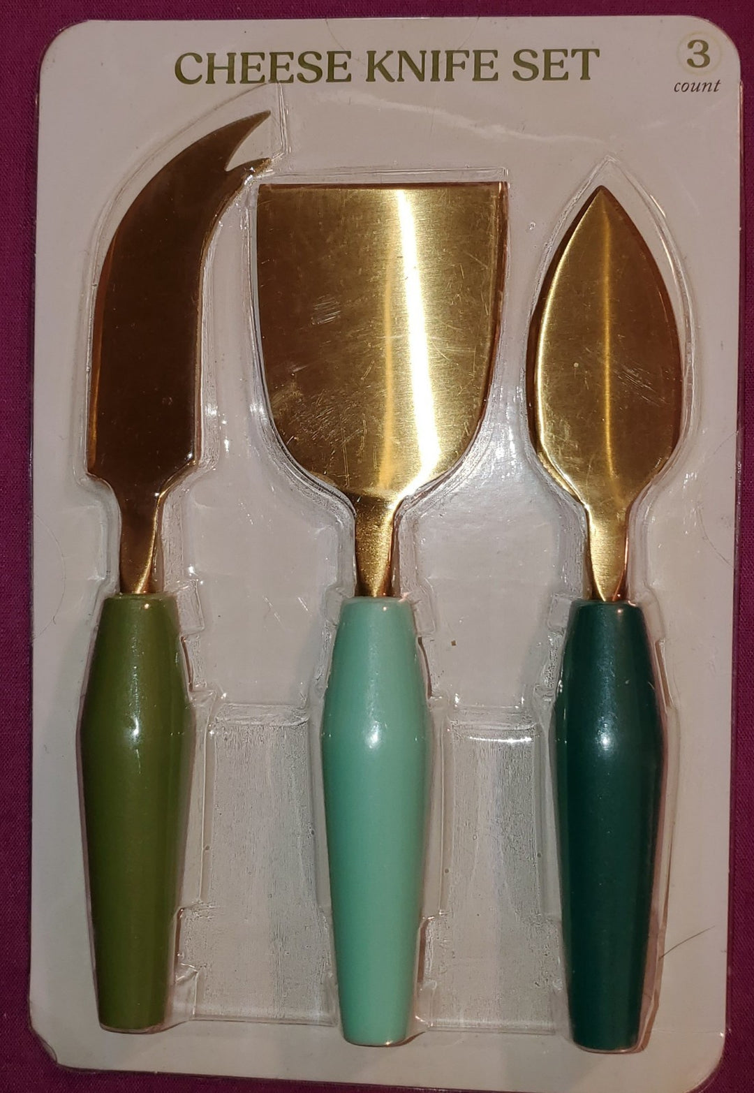 Stainless Steel Cheese Knife Set 3 Pc Green Tone Handles