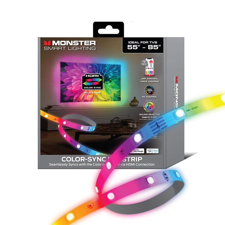 Monster TV Backlight LED Light Strip with HDMI Color Sync Box for TVs up to 85â€ inch, Smart Wi-Fi RGB+IC Color Flow, Works with Razer Chroma, Alexa, Google, Siri, Music Mode, Custom Scenes, Schedules