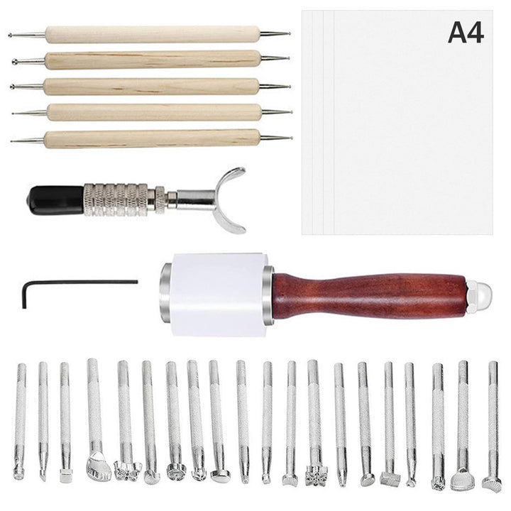 KIDENEI 31 PCS Leather Craft Set, Include 20 Leather Stamping Tools, 1 Leather Hammer, 1 Swivel Knife, 5 Tracing Pen and 4 Tracing Paper, Leather Carving Tools Kit for Leather Crafting