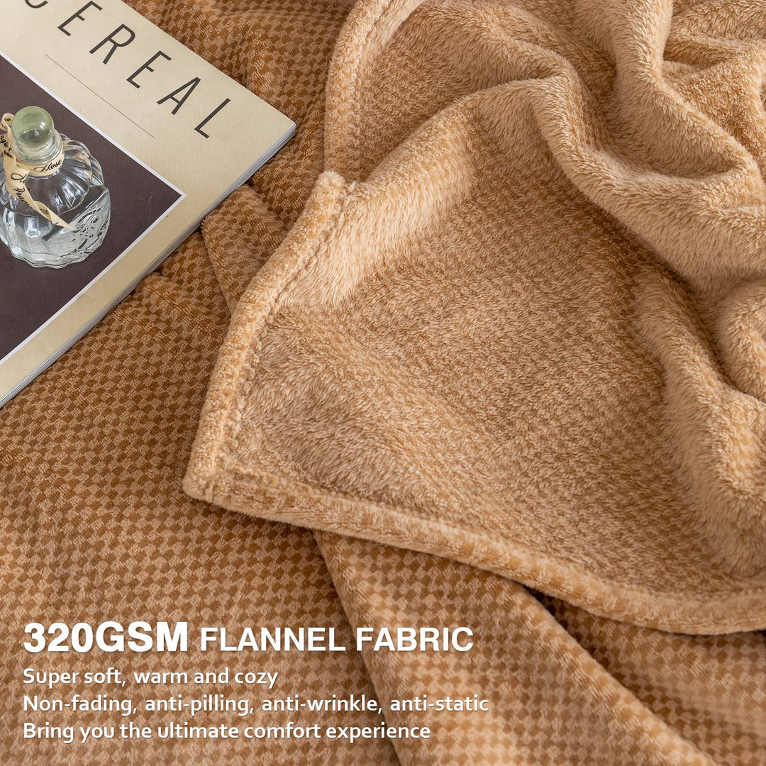 WELTRXE Fleece Blankets Twin Size 320GSM Thick Lightweight Plush Fuzzy Cozy Soft Twin Flannel Blanket for Bed, Sofa, Couch, Travel, Camping, Jacquard Plaid Soft and Warm Blanket Camel Brown, 59"Ãƒâ€”79"