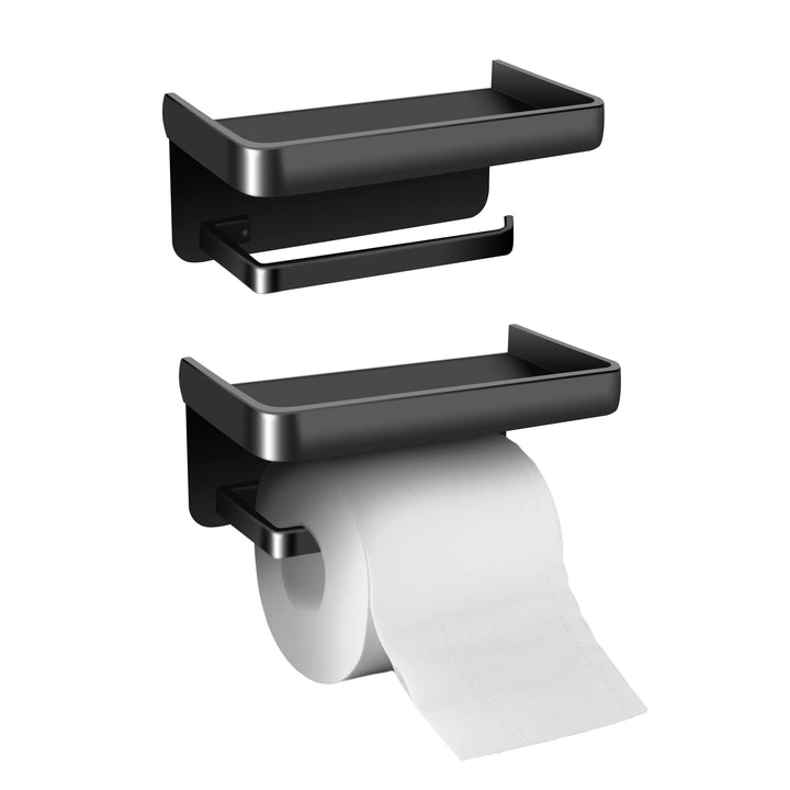 2PCS Toilet Paper Holder with Shelf, Matte Black Toilet Paper Holder, Toilet PaperHolder Wall Mount, Bathroom Adhesive Toilet Paper Holder SUS 304 Stainless Steel Modern Paper Towel Holder.