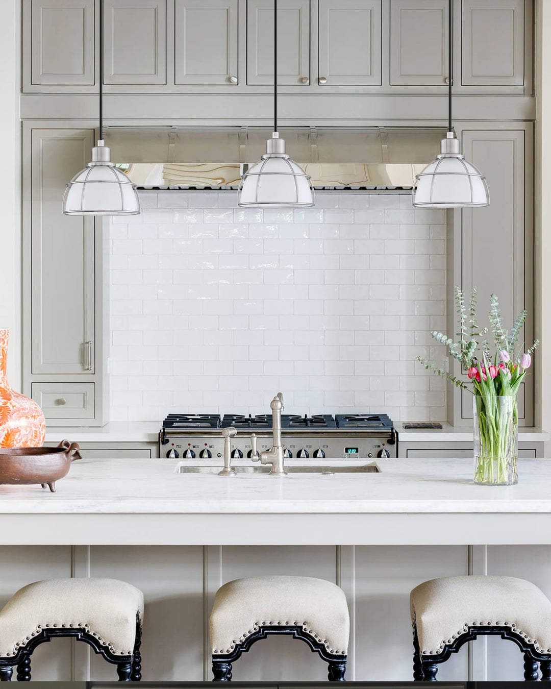 Industrial Hanging Drum Indoor Pendant Ceiling Light Kitchen Island Fixtures Brushed Nickel Finish,Metal Shade for Bar Dining Room Corridor Living Room (3 Pack, Frosted Glass)