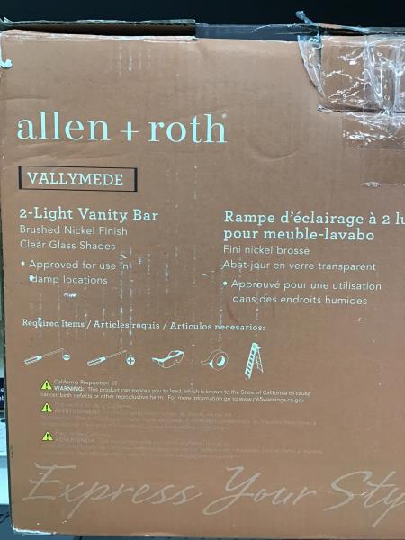 allen + roth Vallymede, 2-Light Vanity Bar, Brushed Nickel Finish, Clear Glass Shades Retail $70.00