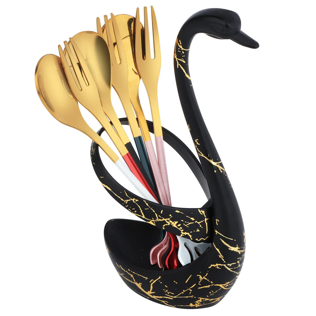 AnSaw Black Swan Base Holder with 5-Pieces 4.7-inch Small Coffee Spoons and 5-Pieces Dessert Fork, Leaf Handle Set (White & Gold)