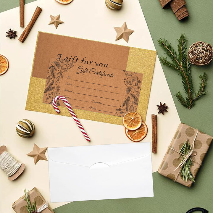 50 Sets Blank Gift Certificates with 50 Envelopes, 3.75 x 7.5 Inches Kraft Gift Certificate Cards, Paper Vouchers for Small Businesses, Holiday, Beauty Bars, Restaurants (Style 1)