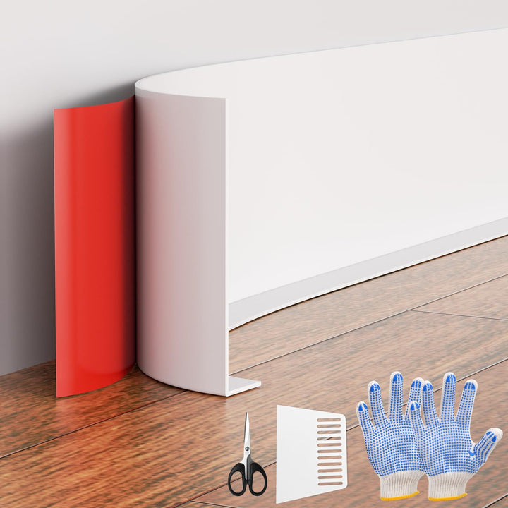 Fuairmee Vinyl Baseboard Molding - 5 Inch(W) x 20 Feet(L) Peel and Stick Rubber Wall Trim Molding, Self-Adhesive Vinyl Wall Base Cove Base Crease Design for Covering The Corner Crevices (White)
