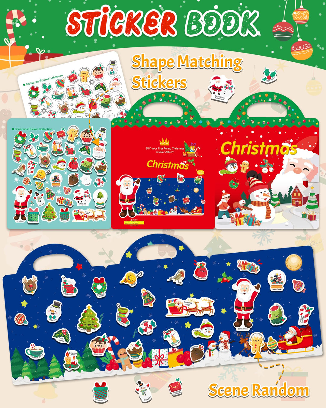 Benresive Christmas Reusable Sticker Book for Toddlers 1-3, Fun Stickers for 2-4 Years, 39 Pcs Cute Waterproof Stickers for Teens Girls Boys