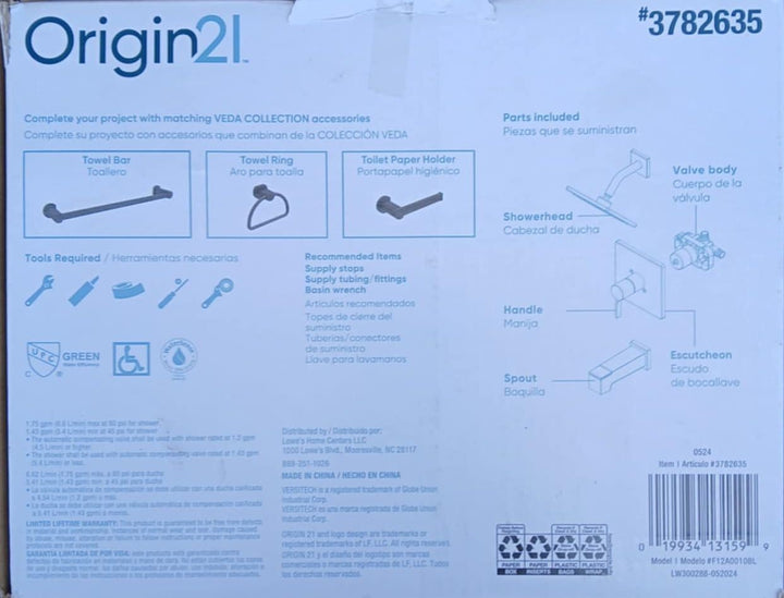 Origin 21 Veda Tub & Shower Faucet Single Function Matte Black F12A0010BL NEW