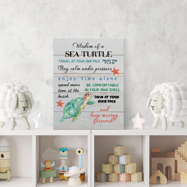 Inspirational Beach Canvas Wall Art Decor Wisdom of a Sea Turtle Poster Painting Framed Rustic Coastal Print Signs Picture for Home Room Decor 12 X 15 inch