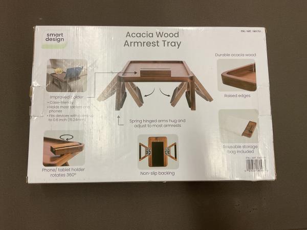 Smart Design Acacia Wood Armrest Tray - Foldable, Phone/Tablet Holder, Non-slip Retail $18.99