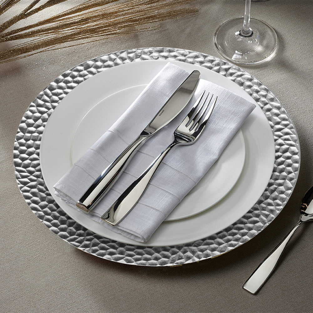 ChargeIt by Jay Hammered RimCharger Plate Large Decorative Melamine Service Plate for Home & Professional Fine Dining -For Upscale Catering Events, Dinner Parties, & Weddings,13", Silver Retail $7.50