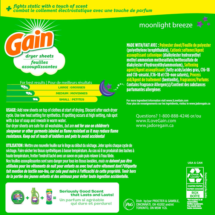 Gain dryer sheets Plus Wrinkle Release, Moonlight Breeze Scent, 120 Count, Fights static with a touch of scent, laundry sheets
