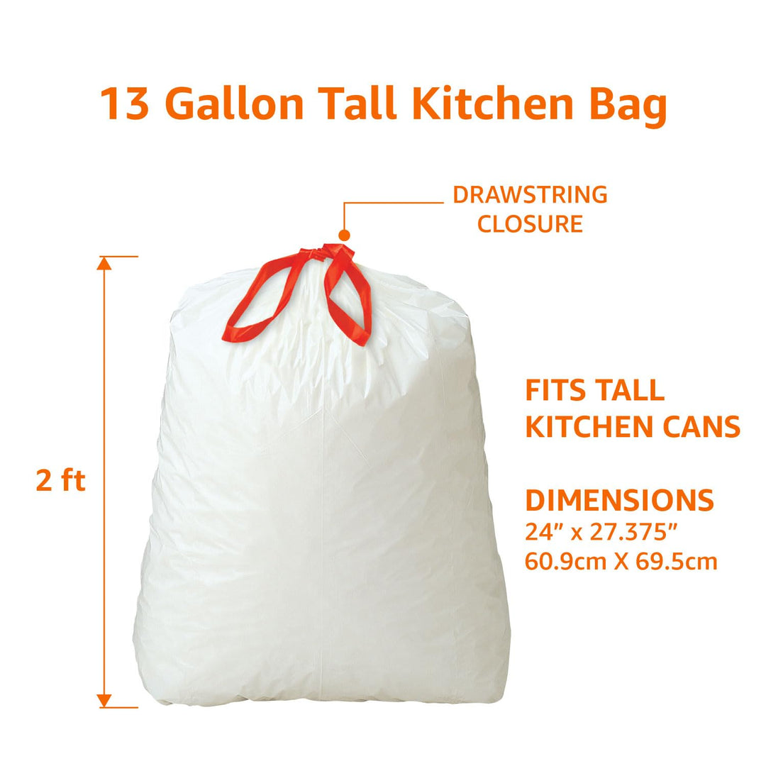 Amazon Basics 13 Gallon Tall Kitchen Drawstring Trash Bags, Clean Fresh Scent, 10% Post Consumer Recycled, 80 count
