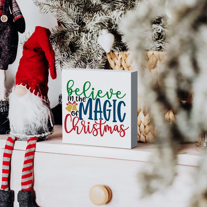 Funny Christmas Wooden Box Sign Plaque Believe in the Magic of Christmas Wood Box Sign Rustic Art Home Shelf Desk Decor 5 x 5 x 1 Inches