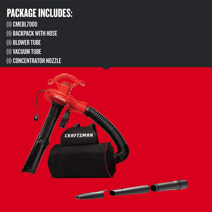 CRAFTSMAN 3-in-1 Leaf Blower, Vacuum and Mulcher, Backpack Blower Up to 260 MPH, 12 Amp, Corded Electric Leaf Collector (CMEBL7000)
