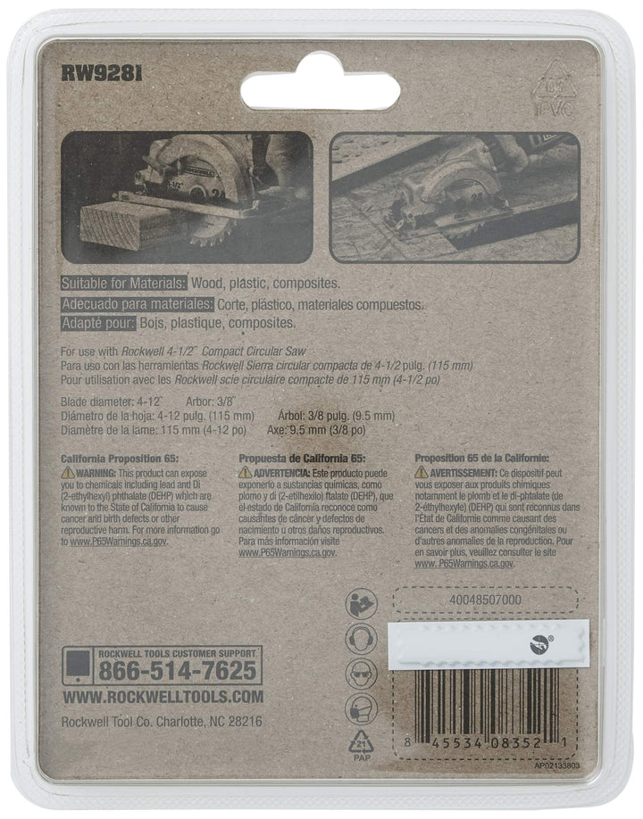 Rockwell RW9281 4 1/2-Inch 24T Carbide Tipped Compact Circular Saw Blade Retail $19.99