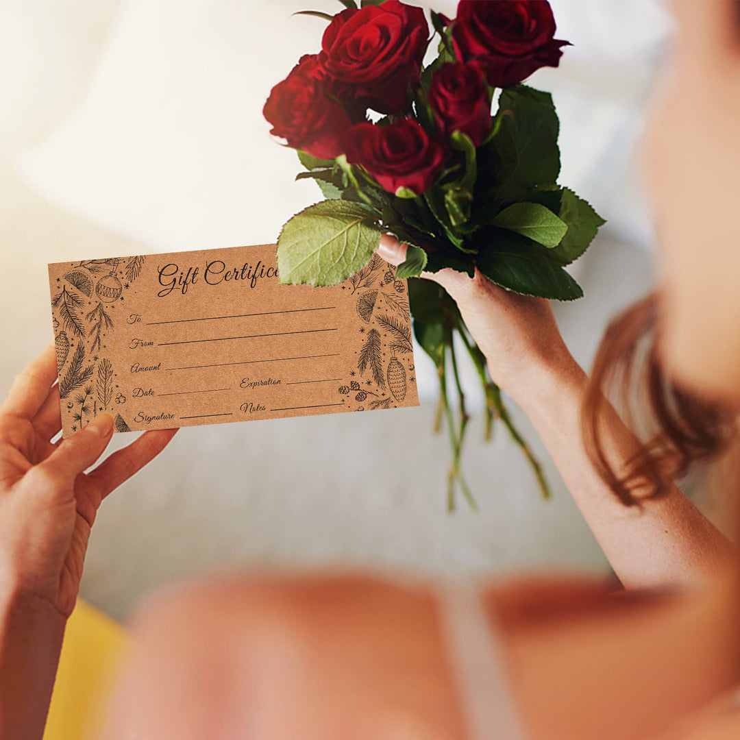 50 Sets Blank Gift Certificates with 50 Envelopes, 3.75 x 7.5 Inches Kraft Gift Certificate Cards, Paper Vouchers for Small Businesses, Holiday, Beauty Bars, Restaurants (Style 1)