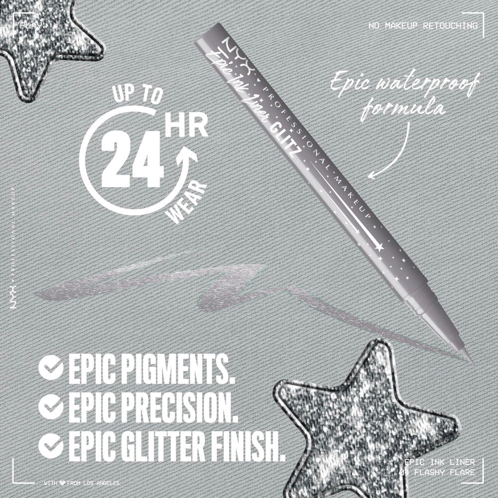 NYX PROFESSIONAL MAKEUP Epic Ink Glitz Liner, Waterproof Metallic Liquid Eyeliner with Vegan Formula - Flashy Flare (Shimmer Light Grey) Retail $11.00