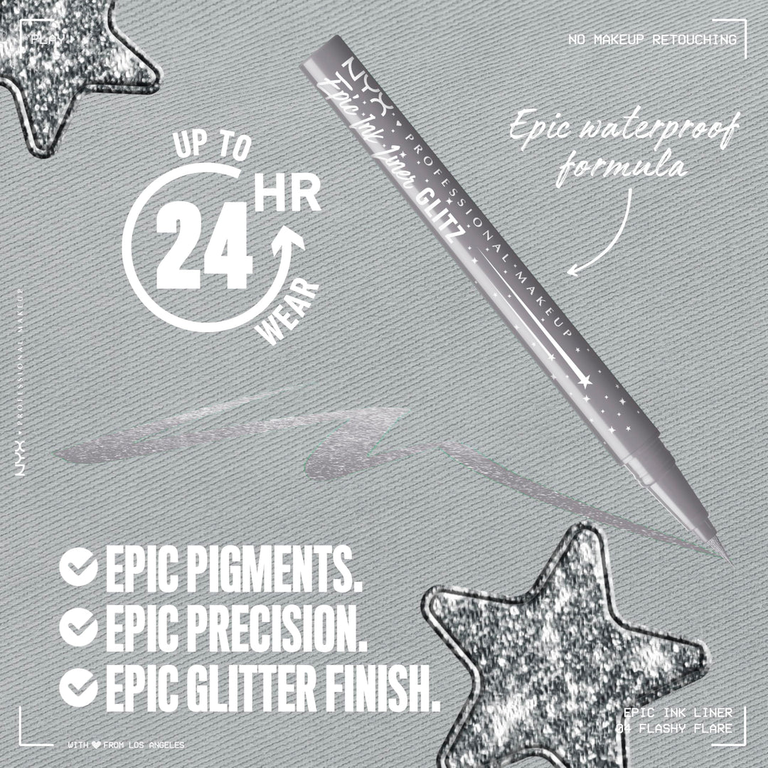 NYX PROFESSIONAL MAKEUP Epic Ink Glitz Liner, Waterproof Metallic Liquid Eyeliner with Vegan Formula - Flashy Flare (Shimmer Light Grey) Retail $11.00