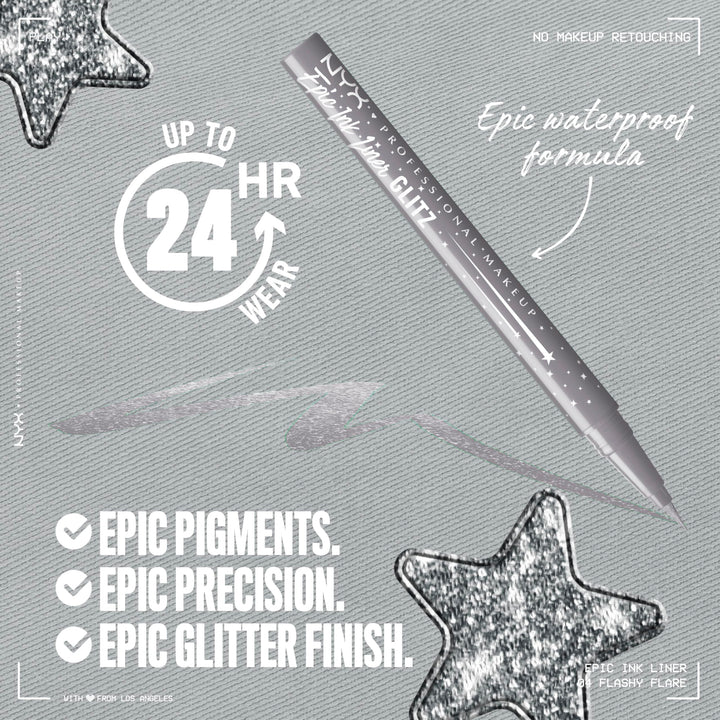 NYX PROFESSIONAL MAKEUP Epic Ink Glitz Liner, Waterproof Metallic Liquid Eyeliner with Vegan Formula - Flashy Flare (Shimmer Light Grey) Retail $11.00