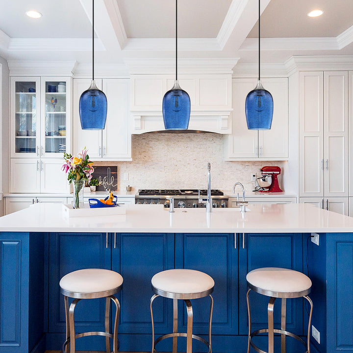 3 Pack 1 Light Hanging Indoor Kitchen Island Pendant Lights 5.1" Hand Blown Black Seeded Ancient Blue Glass Ceiling Light Fixtures Brushed Nickel Finish Modern Farmhouse Dinning Over Sink Retail $96.99